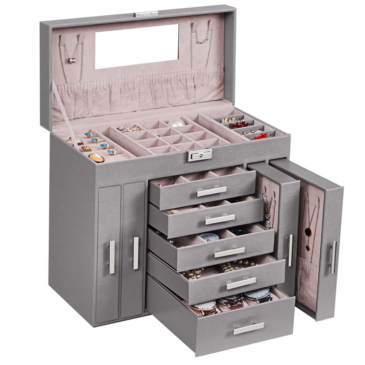 Grote Sieradendoos met Slot & Spiegel – 6 Lagen