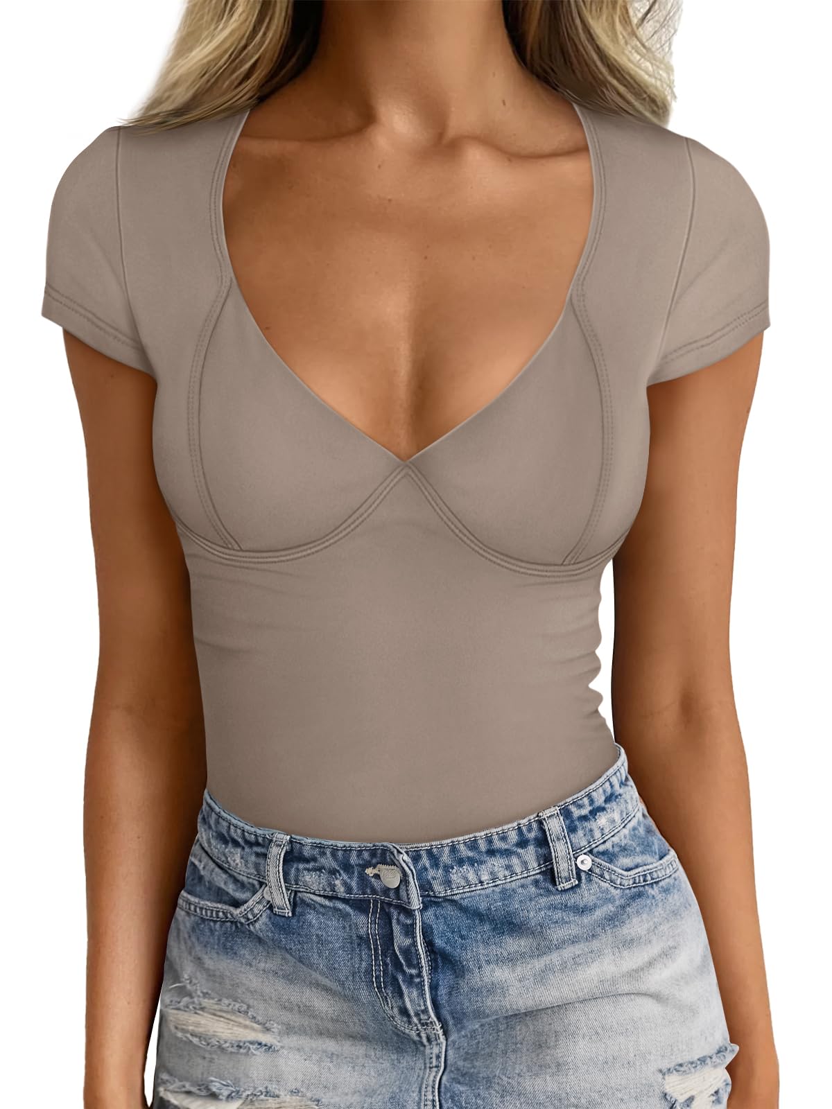 Slim Fit V-hals T-shirt – Y2K Stijl voor Dames